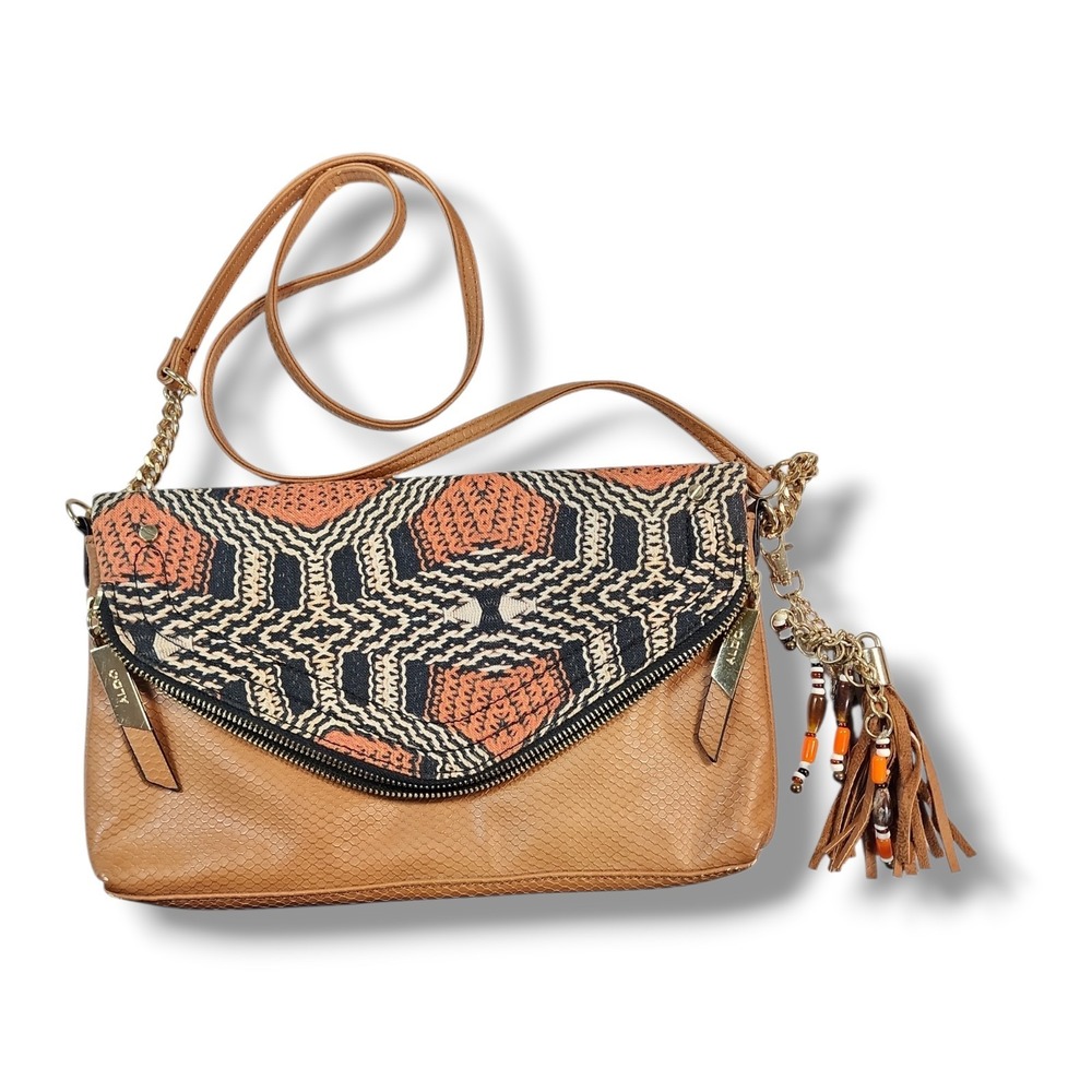 ALDO Brown Faux Leather Embroidered & Chain Accent Strap Messenger Bag (12"x8")